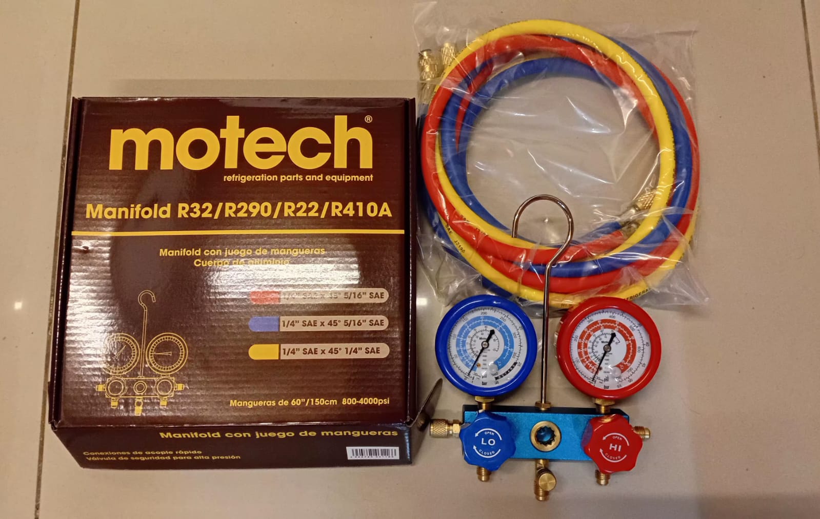 Manifold Motech de aluminio c/visor y manguera 150cm R32/R410/R290